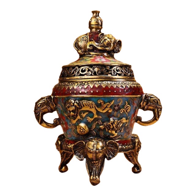 Mid 20th Century Cloisonné Enamel and Gilt Bronze Elephant Censer, 10.6" H For Sale