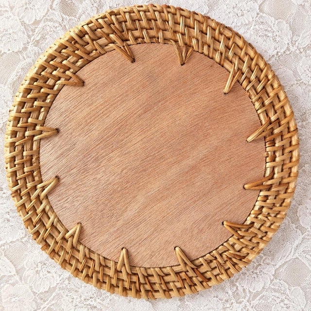 Blue Set of Three Hand Painted Mandala Flower Pattern Rattan Round Trays With Handles For Sale - Image 8 of 8