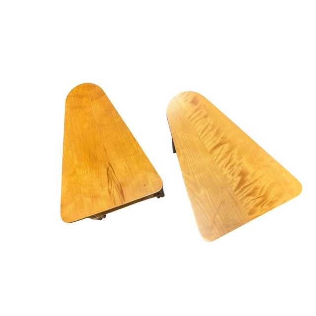 Mid-Century Modern Restored MCM 2-Tiered Vertically Stacked Rattan Arched Wedge Table, Pair For Sale - Image 3 of 6