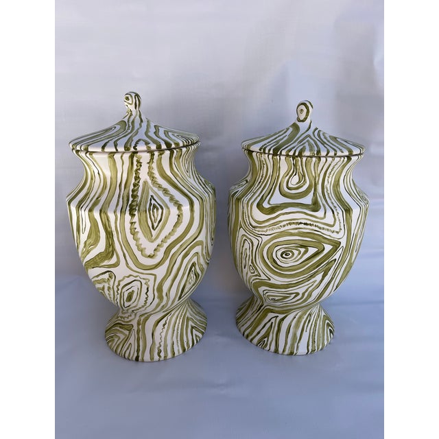 Hand Painted Faux Boix Jars a Pair For Sale - Image 4 of 10
