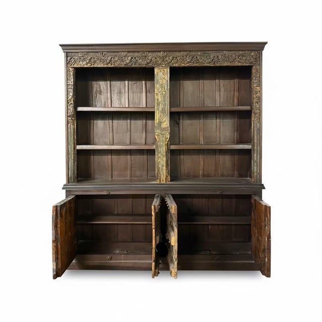 Far Pavilions 1970s Door & Carvings Repurposed Farmhouse Style 96" Tall Bookcase Cabinet For Sale - Image 4 of 5