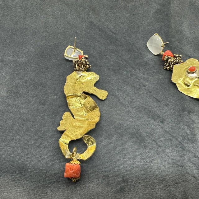 21st Century Hammered Brass and Mediterranean Coral Seahorse Dangle Earrings For Sale - Image 4 of 9