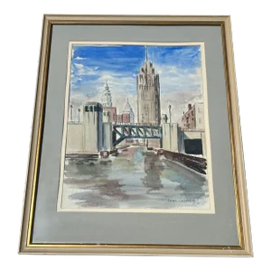 Watercolor of Chicago by Peter Crombie Hand Signed -Michigan Ave Bridge, Palmolive Bldg 1949