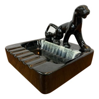 Mid Century Panther Ashtray by Phil-Mar Corp. Black and Grey Glaze Atomic 1950’s For Sale