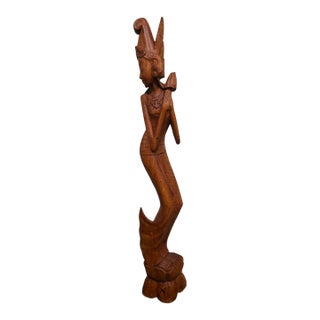Vintage Mid-Century Balinese Modernist 23.5-Inch Temple Maiden With Lotus For Sale