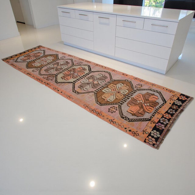 Farmhouse Vintage Turkish Handmade Runner Rug Tribal Design Kilim Organc Wool Hallway Rug Stair Runner - 3′6″ × 12′6″ For Sale - Image 3 of 11