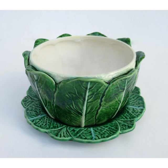 1950s Vintage C.1950's Porcelain Majolica Lidded Cauliflower Handled Soup Tureen With Underplate -Made in (Portugal) For Sale - Image 5 of 13