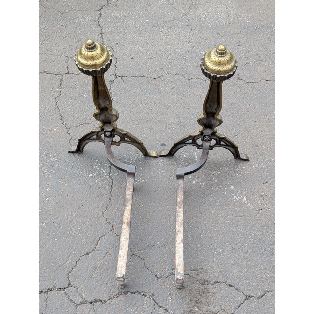 Metal Vintage Federal Style Brass Fireplace Andirons For Sale - Image 7 of 7