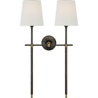 Thomas O'Brien for Visual Comfort Signature Bryant Large Double Tail Sconce in Bronze and Hand-Rubbed Antique Brass with Linen Shades For Sale