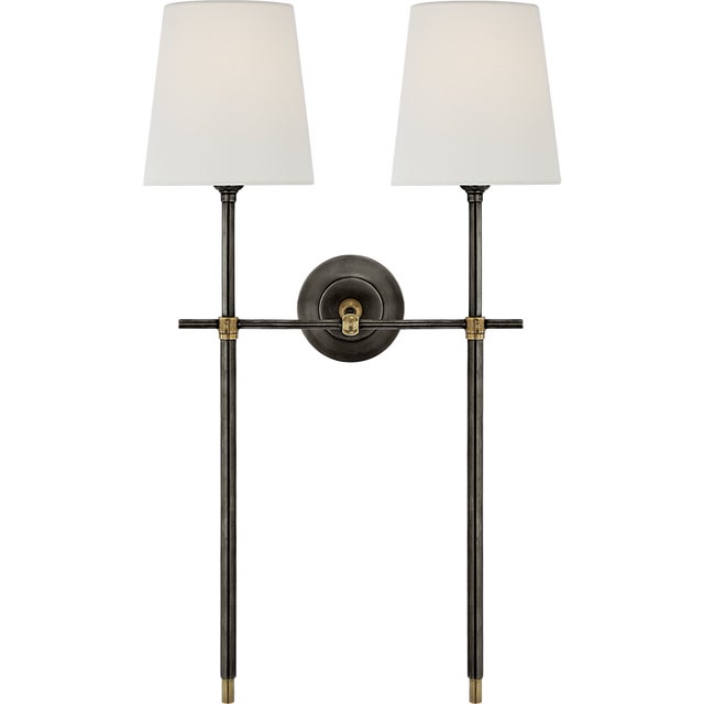 Thomas O'Brien for Visual Comfort Signature Bryant Large Double Tail Sconce in Bronze and Hand-Rubbed Antique Brass with Linen Shades For Sale