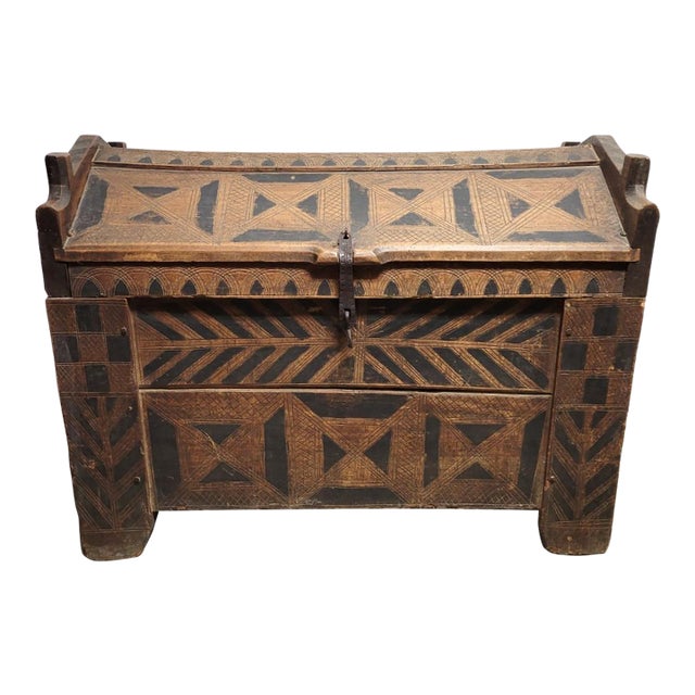 Mid-19th Century Carpathian Folk Art Dowry Chest With Peaked Lid For Sale