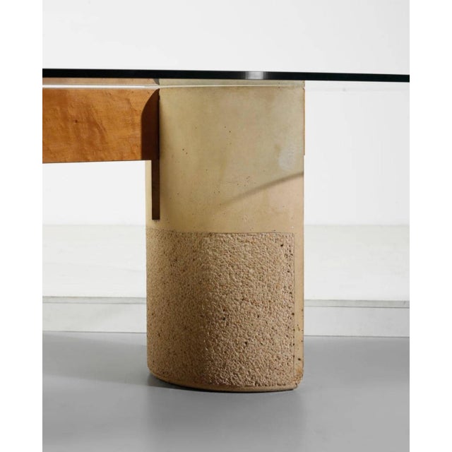 Saporiti Italia Vintage Dining Table with Oval Glass Top and Wood-Concrete Legs by Giovanni Offredi for Saporiti, 1970s For Sale - Image 4 of 7