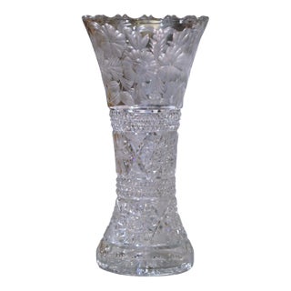 Mid-Century Cut Crystal Trumpet Vase With Geometric Star and Floral Motifs For Sale