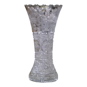 Mid-Century Cut Crystal Trumpet Vase With Geometric Star and Floral Motifs