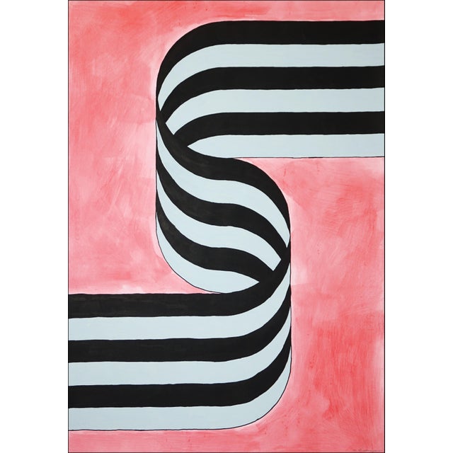 2026, Color Field Painting of Gray and Black Ribbon on Pink Background, Acrylic Paint on Watercolor Paper For Sale