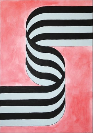 2026, Color Field Painting of Gray and Black Ribbon on Pink Background, Acrylic Paint on Watercolor Paper