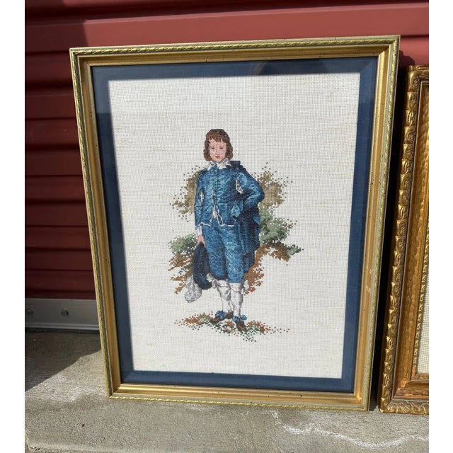 Vintage Blue Boy Needlepoint Framed Art. Needlepoints from famous paintings by Thomas Lawrence and Thomas Gainsborough....