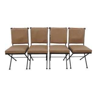 Set of 4 Cleo Baldon Style Campaign Dining Chairs With Iron Frames and Leather Backs For Sale