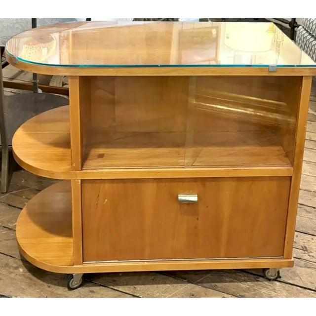 Beige Mid Century Art Deco Inspired Rolling Bar Cart With Drop Front and Glass Bar Storage on the Reverse. For Sale - Image 8 of 9