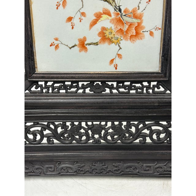 Chinese Orange Blossoms Porcelain Painting Wood Frame Tabletop Screen Art For Sale - Image 9 of 9