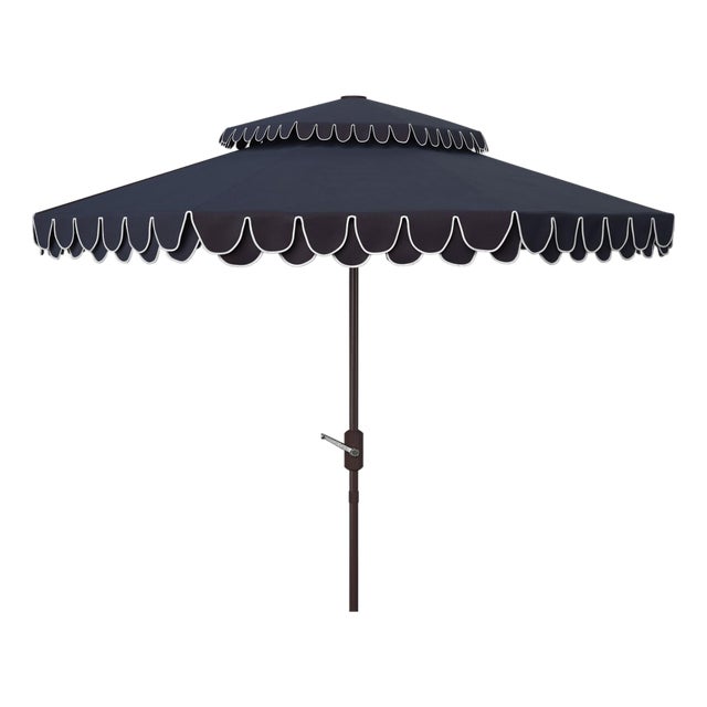 Elegant Valance 9Ft Double Top Umbrella, Navy With White Trim For Sale