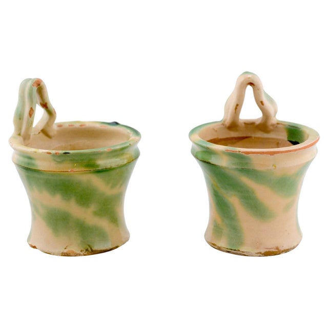 French 19th Century Green and Yellow Glazed Pottery Hanging Planters - A Pair For Sale - Image 13 of 13