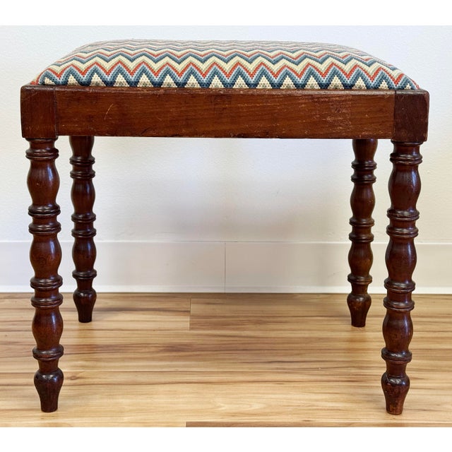 Farmhouse Vintage Turned Wood Stool With Zig Zag Upholstered Seat For Sale - Image 3 of 9