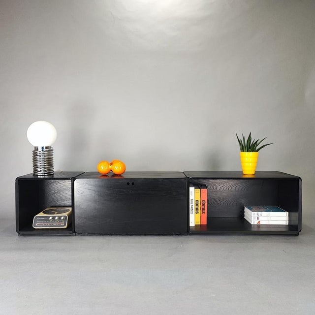 Samara TV cabinet, designed by Derk Jan de Vries for Maisa in the 1970s. Composed of 3 modular units: two parallelepipeds...