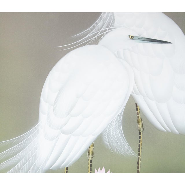 "Egrets and the Moon" by Kawamura Shusui, Showa Era Japanese Silk Scroll Painting For Sale In Dallas - Image 6 of 18