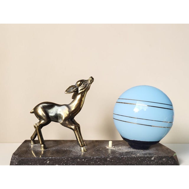 Art Deco Night Light with Fawn Motif, Gilt Spelter and Blue Opaline Globe, France, 1930 For Sale - Image 3 of 8
