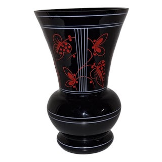 Art Deco Hand-Painted Vase in Opaque Black Glass with Red and White Decoration, 1930s For Sale
