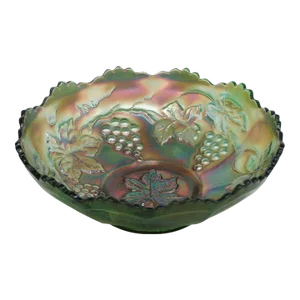 Fenton Grape Vine Style Green Carnival Glass Candy Dish Bowl