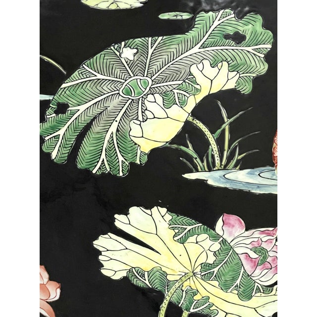 Huge Chinese Famille Noire Black Porcelain Jardiniere, Mandarin Ducks, Birds & Lotus Pond Goldfish Bowl Planter, Signed, Hong Kong For Sale - Image 10 of 14