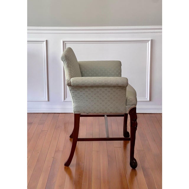 Georgian Carved Mahogany Upholstered Vanity Bench, Celadon Blue, Early 20th Century For Sale In Philadelphia - Image 6 of 18