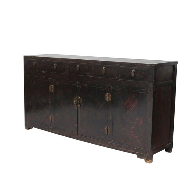 Chinoiserie Antique Chinese Tall Sideboard With Faded Hand-Painted Doors, Red-Brown Patina For Sale - Image 3 of 11