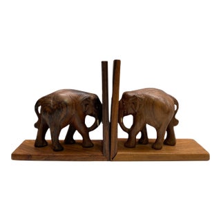 Vintage Hand-Carved Wooden Elephant Bookends, 1970s For Sale