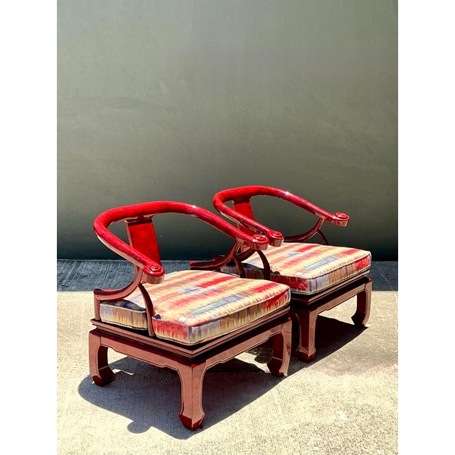 Wood Vintage Candy Apple Lacquer Horseshoe Chairs After James Mont - A Pair For Sale - Image 7 of 12