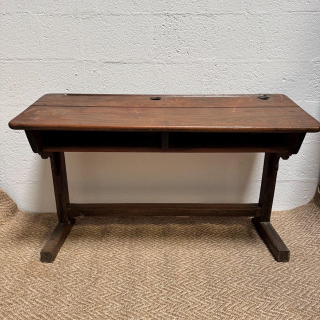 Brown Antique French Double School Desk with Inkwells, 20th Century, 1890s For Sale - Image 8 of 10