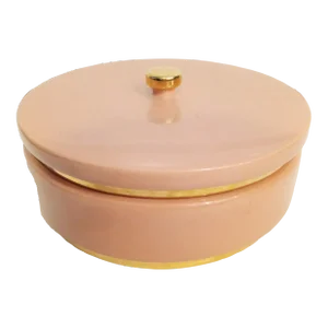 Vintage Rose Pink Rose Gold Detail Hollywood Regency Large Ceramic Round Jewelry Storage Box 1985