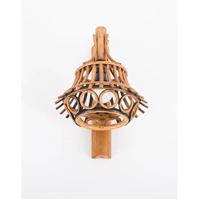 Wood Mid-Century Rattan and Bamboo Lantern Sconce by Louis Sognot, 1960s For Sale - Image 7 of 13