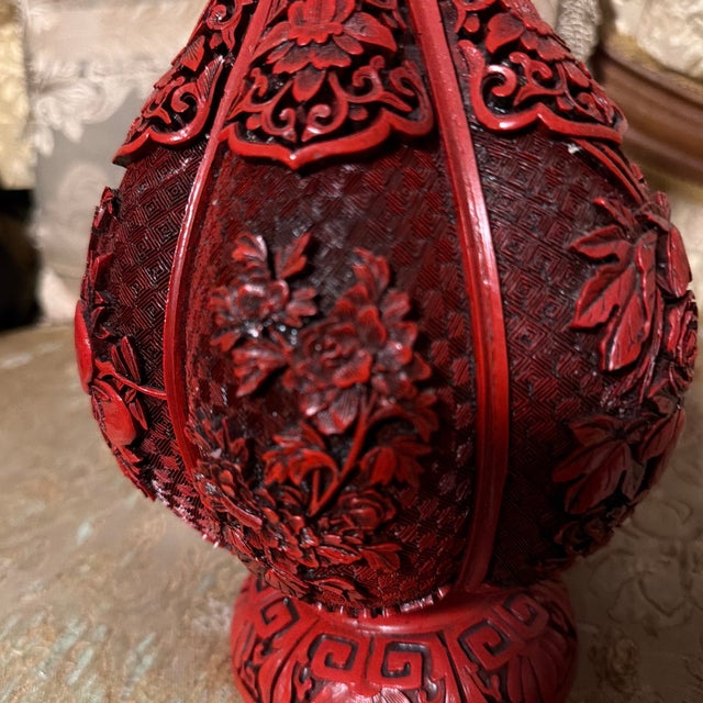 Early 20th Century 12” Chinese Red Carved Lacquer-Style Vase – Floral & Pomegranate Design For Sale - Image 9 of 11