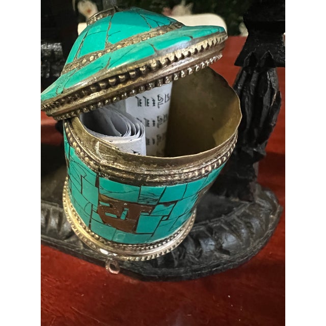 Vintage Tibetan Wall Hanging Teal and Black Prayer Wheel For Sale - Image 4 of 11