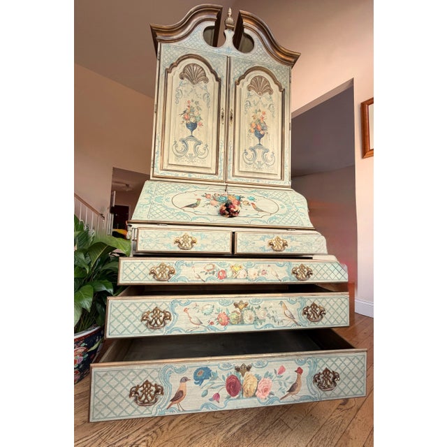 Custom Chinoiserie Style Shadow Sage Green Floral Hand Painted Secretary Desk For Sale - Image 11 of 18