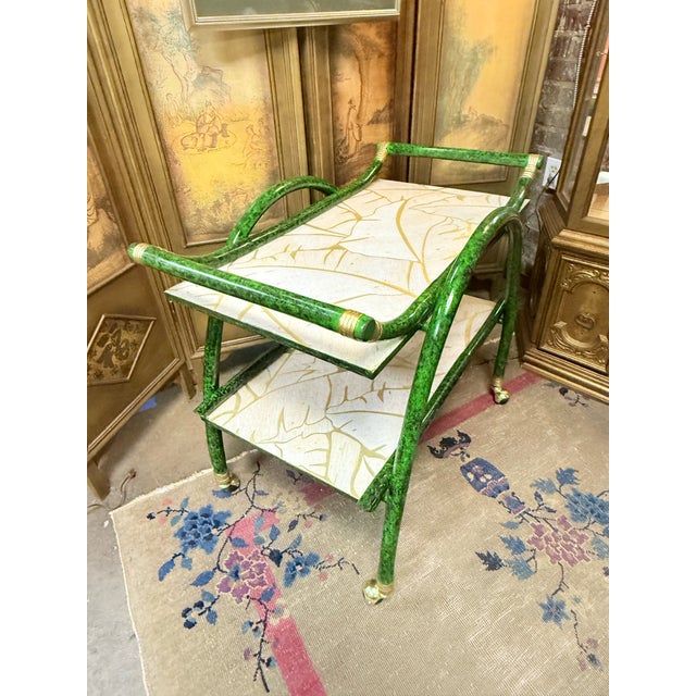 Mid-Century Aldo Tura Style Rattan and Faux Malachite Bar Cart - Newly Painted For Sale In Mobile - Image 6 of 11