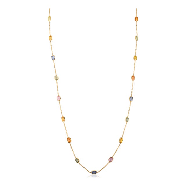 18k Yellow Gold 4.73 Carat Natural Multi-Color Sapphire Bezel Station Necklace For Sale