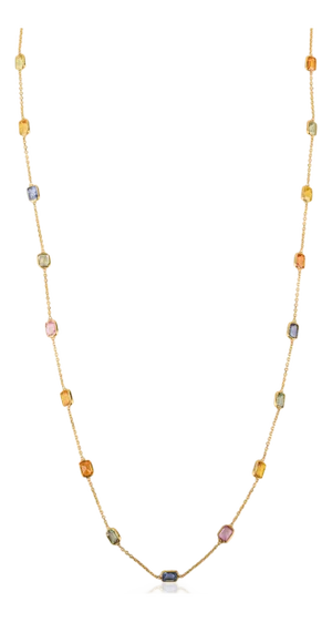 18k Yellow Gold 4.73 Carat Natural Multi-Color Sapphire Bezel Station Necklace