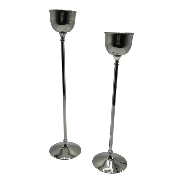 William Adam Mid-Century Modern Italian Silver Plated Candle Holders - a Pair For Sale