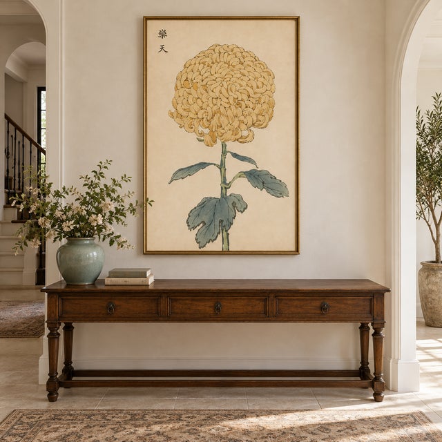Vintage Japanese Floral Art Print – Golden Flower & Sage Leaves, 36" X 54" For Sale - Image 4 of 10