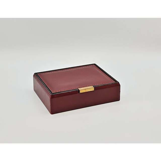 Animal Skin French Burgundy Stitched Leather & Brass Cards Box, 1970s For Sale - Image 7 of 8