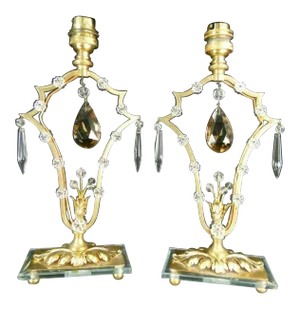 C. 1940's Hollywood Regency Attrib. Maison Bagues French Dore Bronze with Crystal Small Table Lamps - a Pair